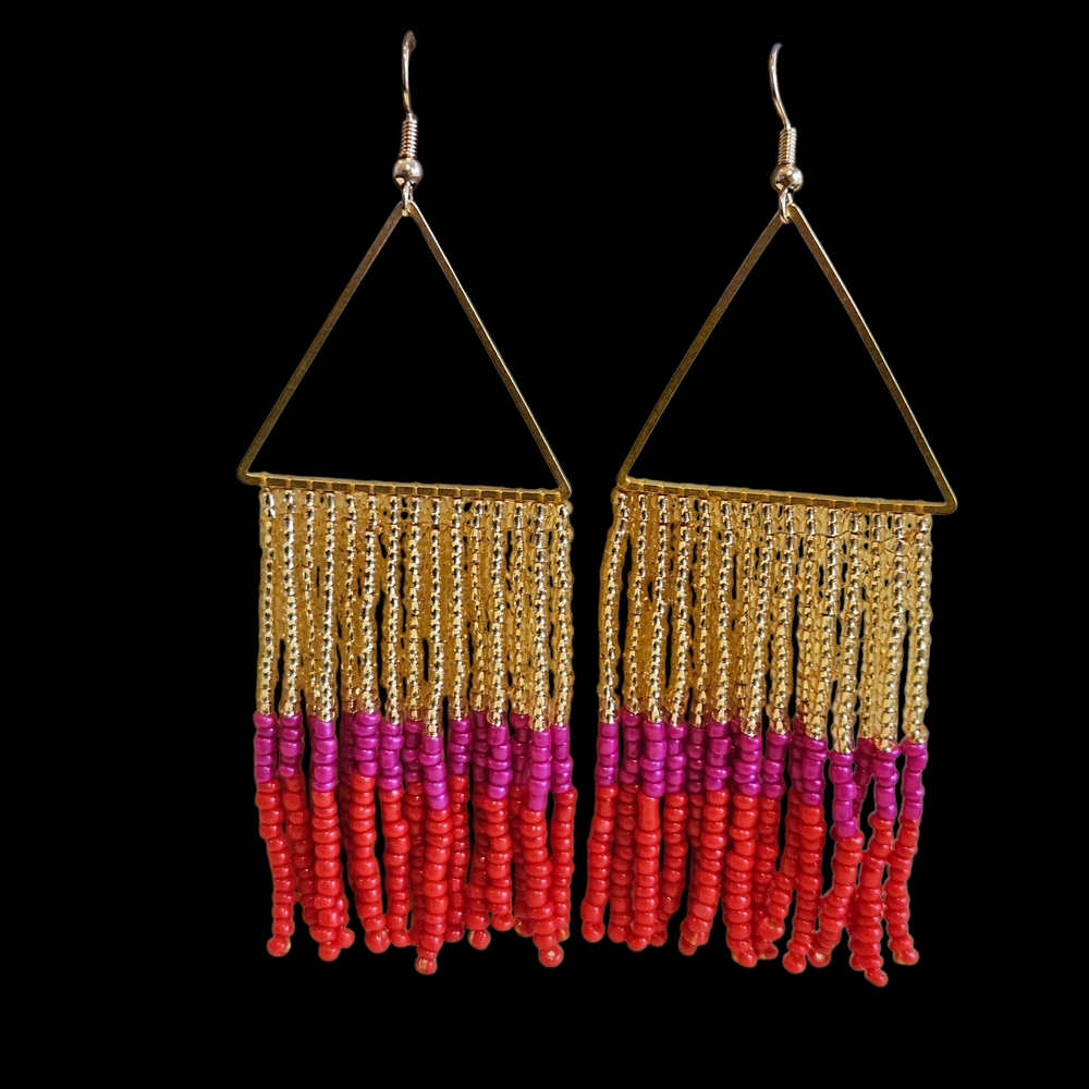 NWT - Handmade Gold and Pink Beaded Triangle Earrings - Picture 8 of 12